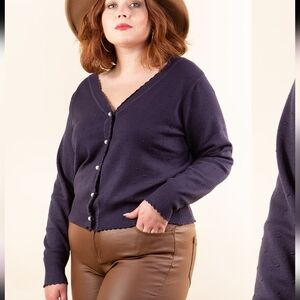 Molly Bracken Long Sleeves Cardigan. Navy Blue. Textured. Pearl Buttons. 3XL.